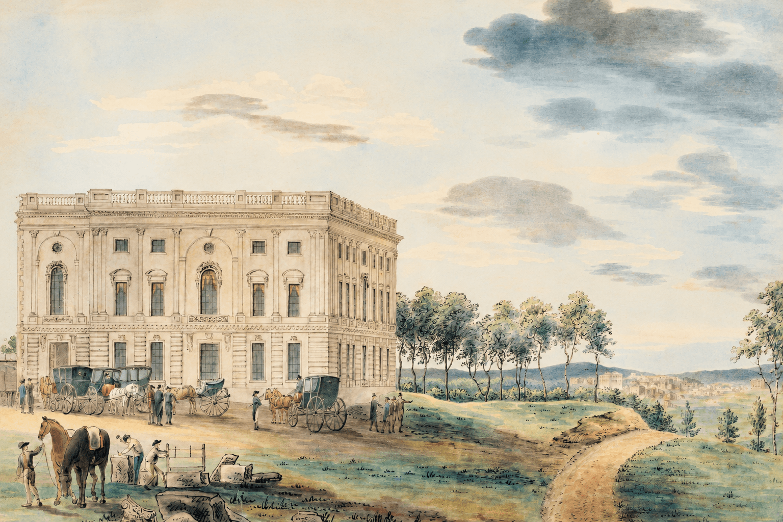 A historic watercolor view of the United States Capitol and the surrounding Washington landscape
